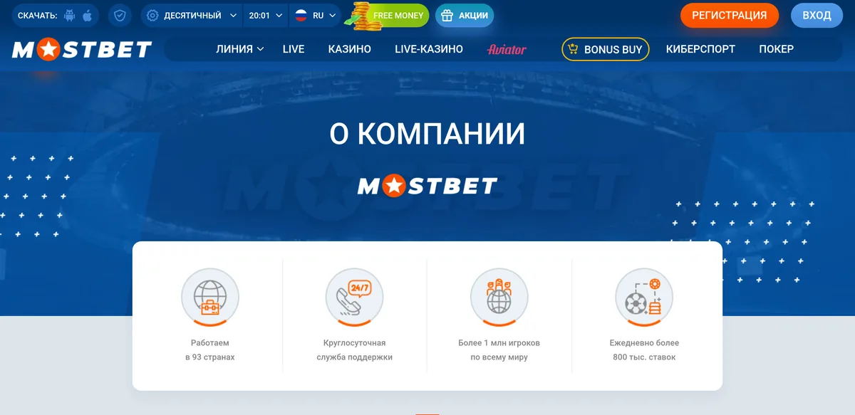 Страница «О компании» Mostbet: работа в 93 странах, поддержка 24/7, более 1 млн игроков, свыше 800 тысяч ставок ежедневно