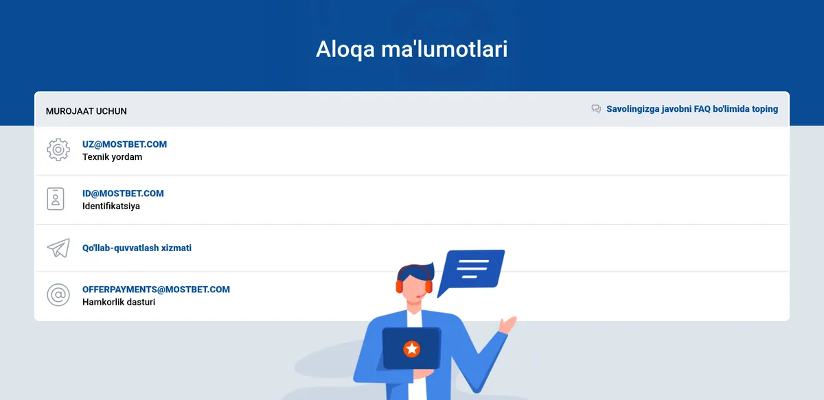 Mostbet saytidagi aloqa ma’lumotlari