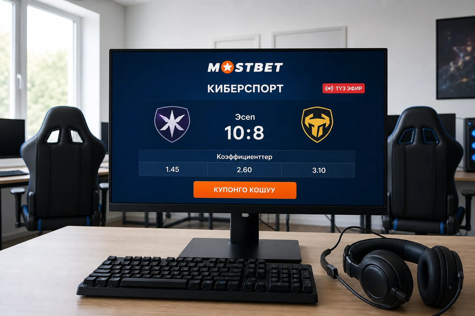 Mostbet киберспорт бөлүмүндөгү түз эфир матчынын кыргызча панели.